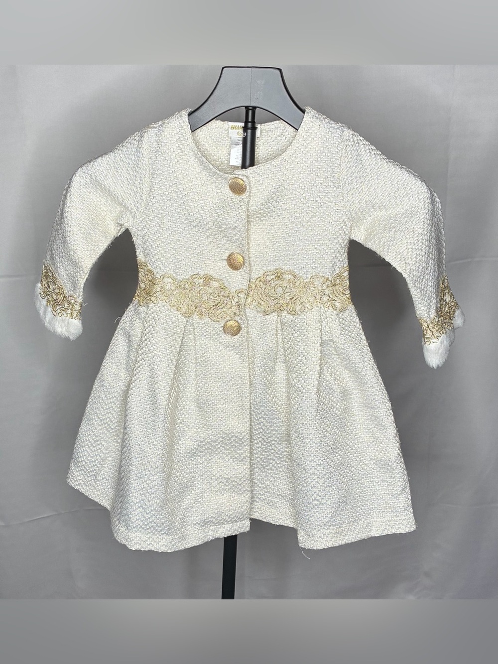 Girls Cream Embroidered Dress & Coat with Gold Accents